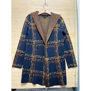 Signature Studio Womens Navy Blue Plaid Hooded Cardigan Open Front Sweater Small